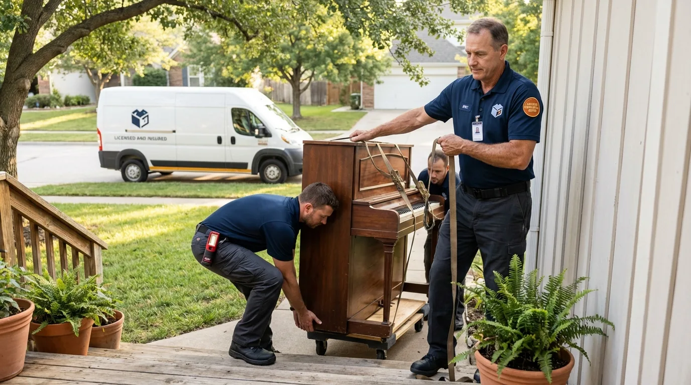 Licensed piano movers securing grand piano in Netcong, NJ