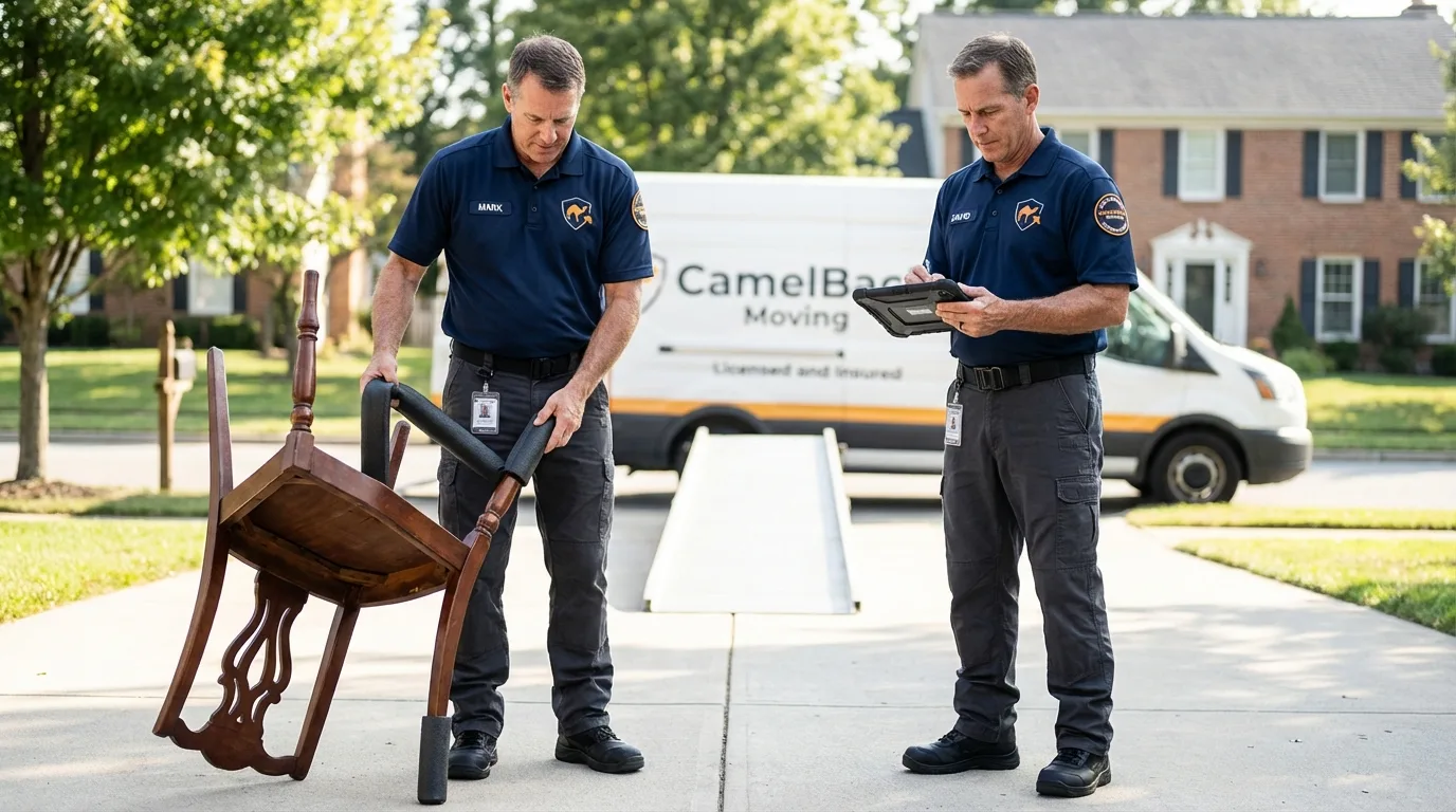 Movers inspecting furniture for damage prevention before loading in Netcong, NJ