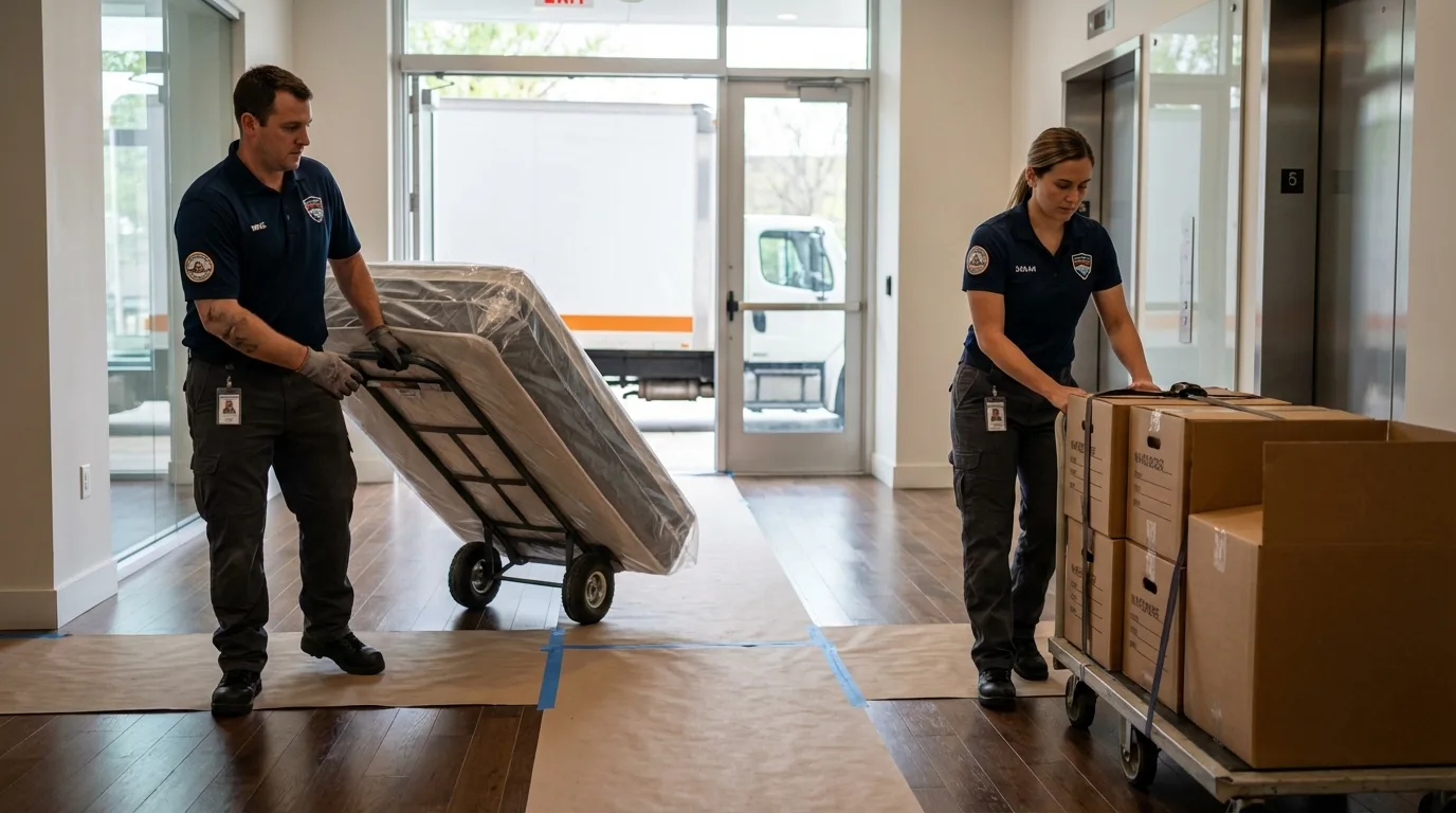 Professional apartment movers loading elevator in Netcong, NJ