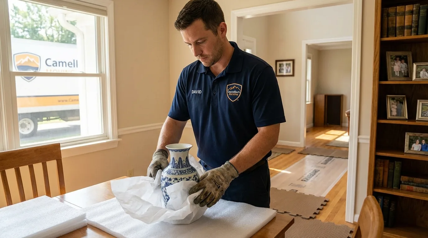 Professional crew carefully wrapping antique vase for senior downsizing move in Netcong, NJ